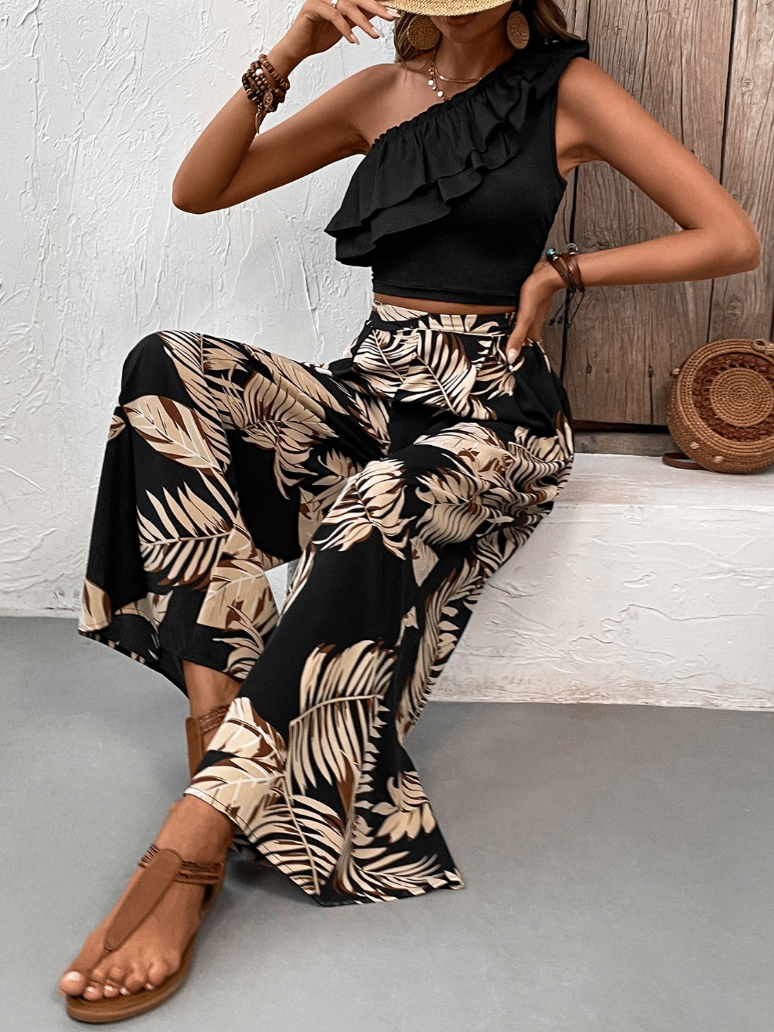 Ruffled Sleeveless Top and Printed Pants Set - Premium women from 5th & Barnett Online Boutique - Just $37.99! Shop now at 5th & Barnett Online Boutique 