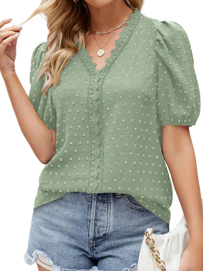 Puff Sleeve Swiss Dot Lace Trim Blouse - Premium Tops & Blouses from Trendsi - Just $22.99! Shop now at 5th & Barnett Online Boutique 