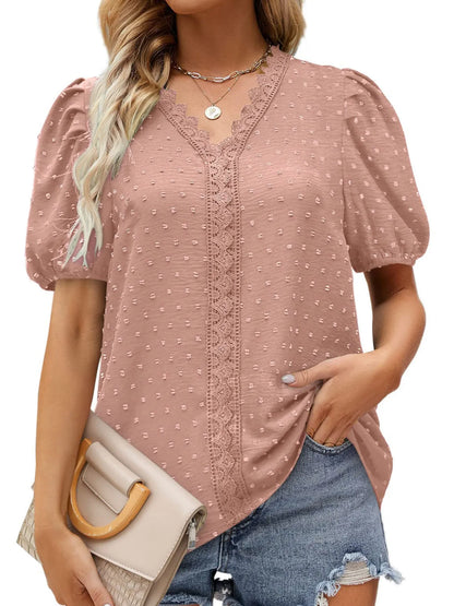 Puff Sleeve Swiss Dot Lace Trim Blouse - Premium Tops & Blouses from Trendsi - Just $22.99! Shop now at 5th & Barnett Online Boutique 