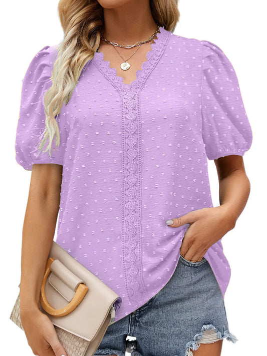 Puff Sleeve Swiss Dot Lace Trim Blouse - Premium Tops & Blouses from Trendsi - Just $22.99! Shop now at 5th & Barnett Online Boutique 