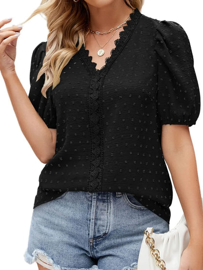 Puff Sleeve Swiss Dot Lace Trim Blouse - Premium Tops & Blouses from Trendsi - Just $22.99! Shop now at 5th & Barnett Online Boutique 