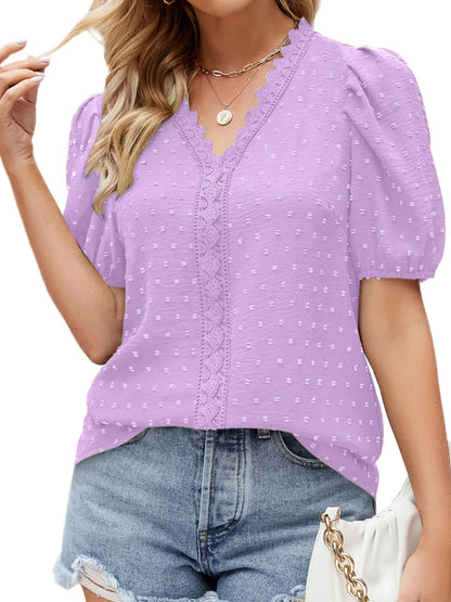 Puff Sleeve Swiss Dot Lace Trim Blouse - Premium Tops & Blouses from Trendsi - Just $22.99! Shop now at 5th & Barnett Online Boutique 