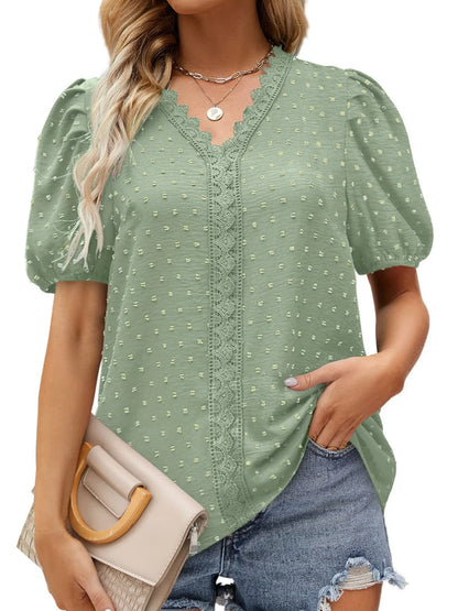 Puff Sleeve Swiss Dot Lace Trim Blouse - Premium Tops & Blouses from Trendsi - Just $22.99! Shop now at 5th & Barnett Online Boutique 