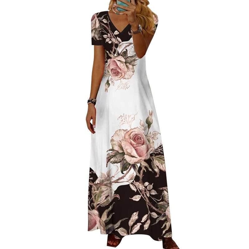 Short Sleeve Vintage Print Bohemia Dresses Elastic Waist V Neck Maxi Dress Casual Beach Big Swing Women Clothing - Premium Dresses from 5th & Barnett Creative Fashions - Just $18.99! Shop now at 5th & Barnett Online Boutique 