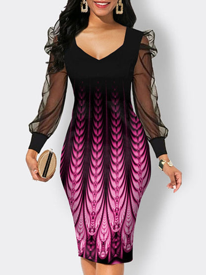 Black Printed V-neck Long Sleeved Pencil Skirt - Premium Elegant Dresses from 5th & Barnett Online Boutique - Just $55.99! Shop now at 5th & Barnett Online Boutique 