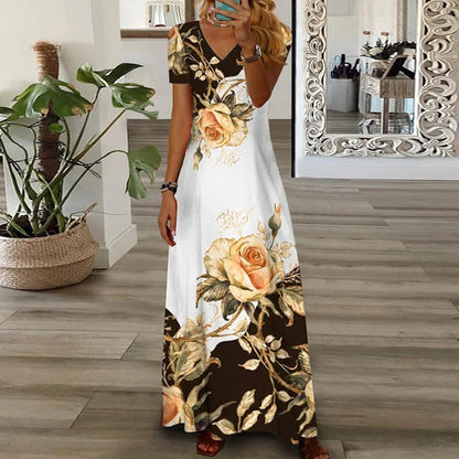 Short Sleeve Vintage Print Bohemia Dresses Elastic Waist V Neck Maxi Dress Casual Beach Big Swing Women Clothing - Premium Dresses from 5th & Barnett Creative Fashions - Just $18.99! Shop now at 5th & Barnett Online Boutique 