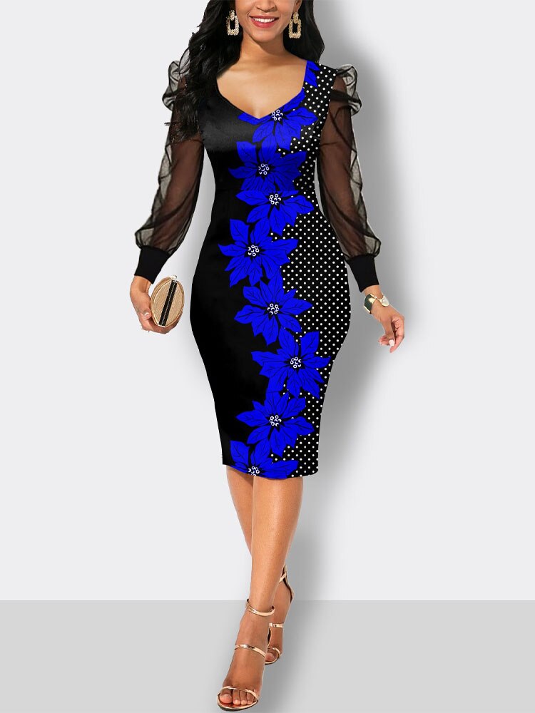 Black Printed V-neck Long Sleeved Pencil Skirt - Premium Elegant Dresses from 5th & Barnett Online Boutique - Just $55.99! Shop now at 5th & Barnett Online Boutique 