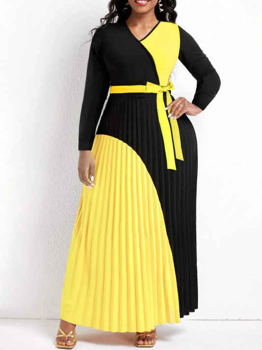 Long Sleeve Patchwork Neck Pleated Dress - Premium Women's Clothing from 5th & Barnett Online Boutique - Just $39.99! Shop now at 5th & Barnett Online Boutique 