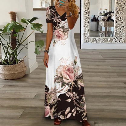 Short Sleeve Vintage Print Bohemia Dresses Elastic Waist V Neck Maxi Dress Casual Beach Big Swing Women Clothing - Premium Dresses from 5th & Barnett Creative Fashions - Just $18.99! Shop now at 5th & Barnett Online Boutique 