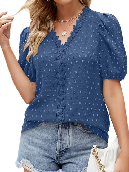 Puff Sleeve Swiss Dot Lace Trim Blouse - Premium Tops & Blouses from Trendsi - Just $22.99! Shop now at 5th & Barnett Online Boutique 