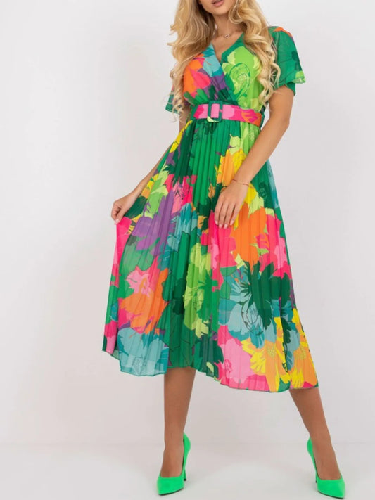 Printed Pleated Midi Wrap Dress with Belt - Premium Dresses from Trendsi - Just $32.99! Shop now at 5th & Barnett Online Boutique 