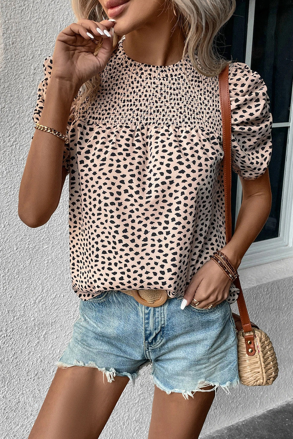 Khaki Leopard Print Smocked Puff Sleeve Blouse - Premium Shirts & Blouses from Shewin - Just $22.94! Shop now at 5th & Barnett Online Boutique 