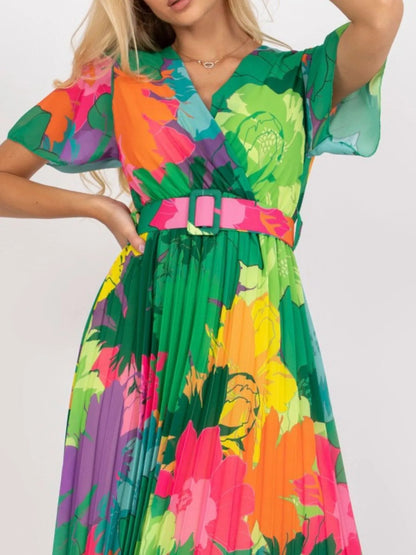 Printed Pleated Midi Wrap Dress with Belt - Premium Dresses from Trendsi - Just $32.99! Shop now at 5th & Barnett Online Boutique 