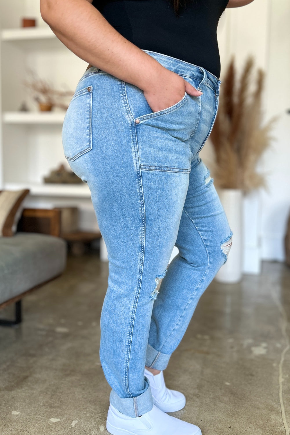 Judy Blue Distressed Straight Jeans with Patch Pockets - Premium Jeans from 5th & Barnett Online Boutique - Just $46.99! Shop now at 5th & Barnett Online Boutique 