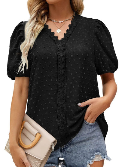 Puff Sleeve Swiss Dot Lace Trim Blouse - Premium Tops & Blouses from Trendsi - Just $22.99! Shop now at 5th & Barnett Online Boutique 