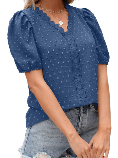Puff Sleeve Swiss Dot Lace Trim Blouse - Premium Tops & Blouses from Trendsi - Just $22.99! Shop now at 5th & Barnett Online Boutique 