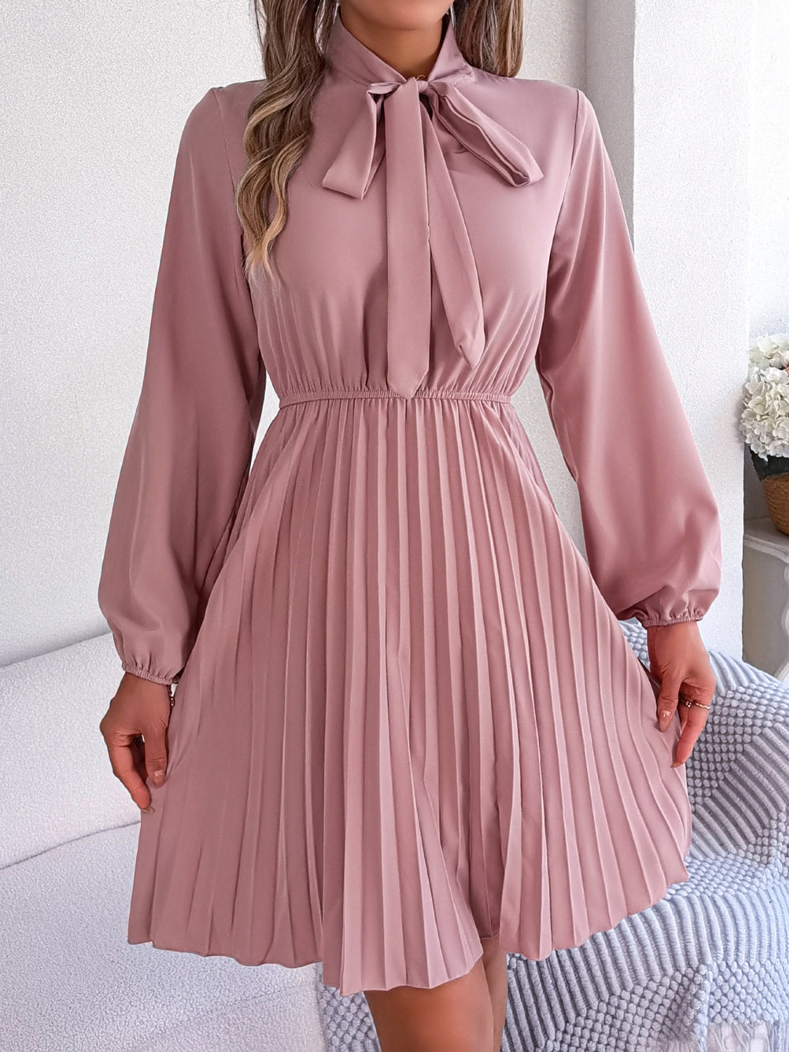 Tie Neck Balloon Sleeve Pleated Dress - Premium Women's Clothing from 5th & Barnett Online Boutique - Just $25.99! Shop now at 5th & Barnett Online Boutique 