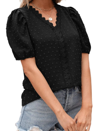 Puff Sleeve Swiss Dot Lace Trim Blouse - Premium Tops & Blouses from Trendsi - Just $22.99! Shop now at 5th & Barnett Online Boutique 