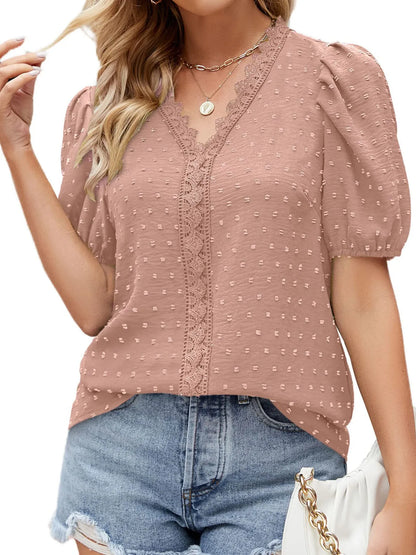 Puff Sleeve Swiss Dot Lace Trim Blouse - Premium Tops & Blouses from Trendsi - Just $22.99! Shop now at 5th & Barnett Online Boutique 