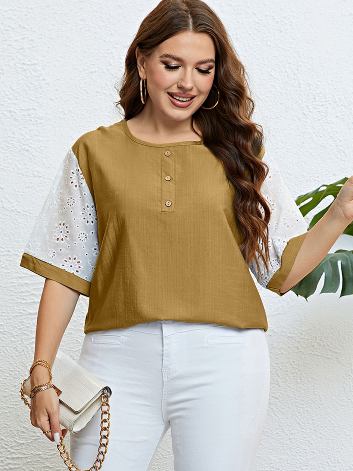 Plus Size Contrast Decorative Button Half Sleeve Top - Premium Tops & Blouses from 5th & Barnett Creative Fashions - Just $14.99! Shop now at 5th & Barnett Creative Fashions 