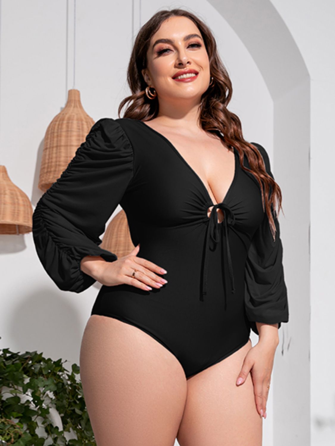 Plus Size Tied Deep V Balloon Sleeve One-Piece Swimsuit - Premium Lingerie & Underwear from 5th & Barnett Creative Fashions - Just $32.99! Shop now at 5th & Barnett Creative Fashions 