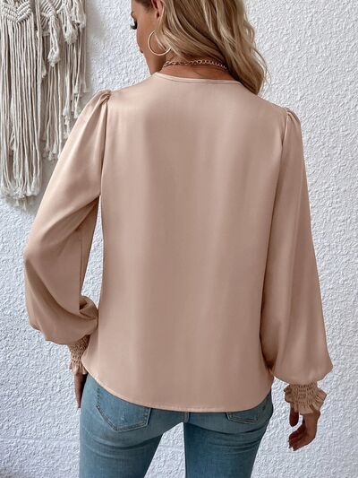 Surplice Smocked Lantern Sleeve Blouse - Premium  from 5th & Barnett Creative Fashions - Just $22.99! Shop now at 