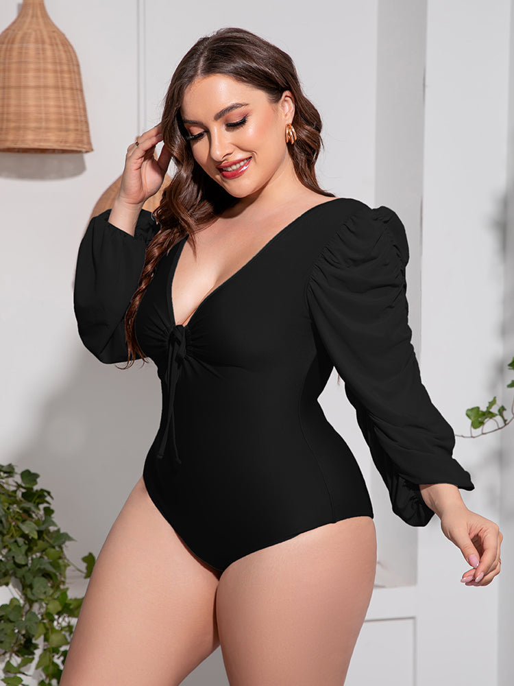 Plus Size Tied Deep V Balloon Sleeve One-Piece Swimsuit - Premium Lingerie & Underwear from 5th & Barnett Creative Fashions - Just $32.99! Shop now at 5th & Barnett Creative Fashions 