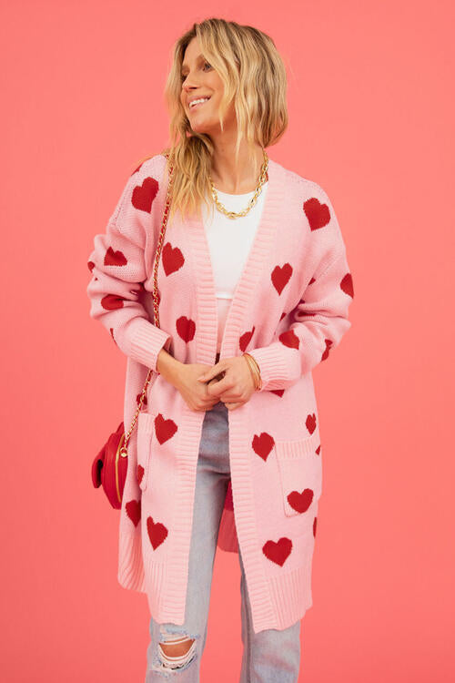 Heart Graphic Open Front Cardigan with Pockets - Premium Jackets & Coats from Trendsi - Just $32.99! Shop now at 5th & Barnett Creative Fashions 