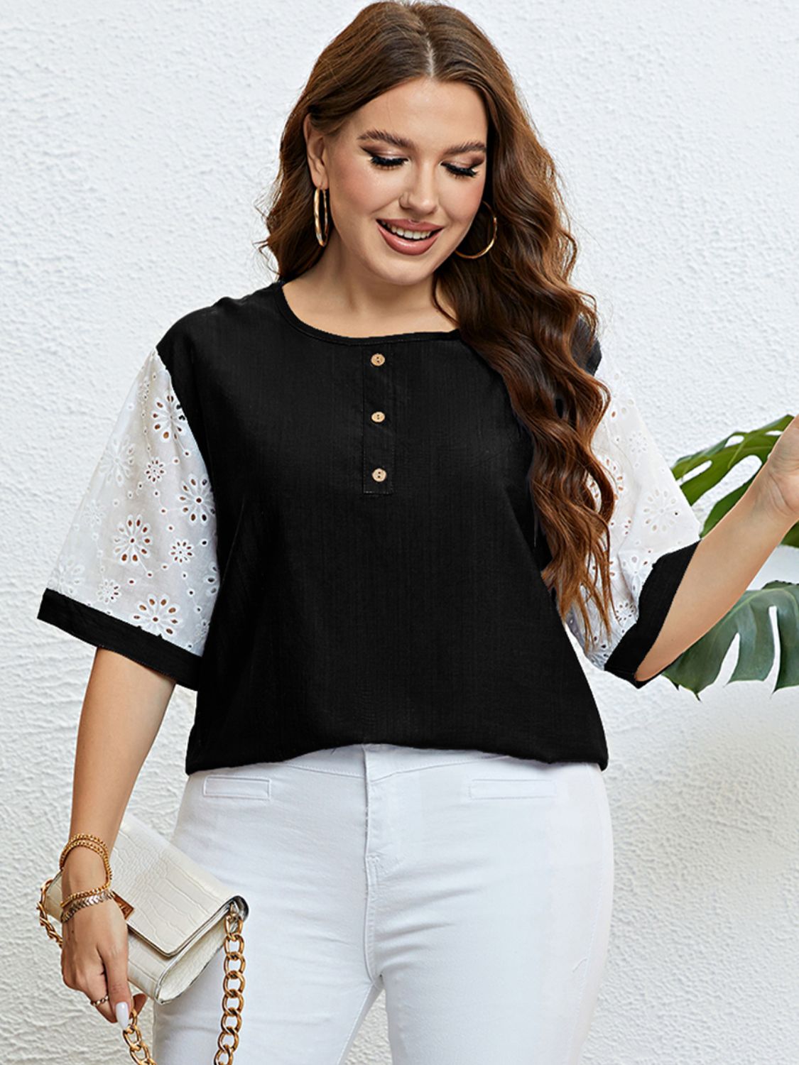 Plus Size Contrast Decorative Button Half Sleeve Top - Premium Tops & Blouses from 5th & Barnett Creative Fashions - Just $14.99! Shop now at 5th & Barnett Creative Fashions 