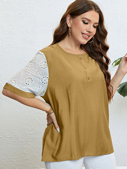 Plus Size Contrast Decorative Button Half Sleeve Top - Premium Tops & Blouses from 5th & Barnett Creative Fashions - Just $14.99! Shop now at 5th & Barnett Creative Fashions 