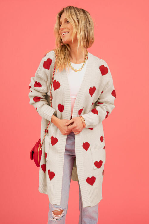 Heart Graphic Open Front Cardigan with Pockets - Premium Jackets & Coats from Trendsi - Just $32.99! Shop now at 5th & Barnett Creative Fashions 