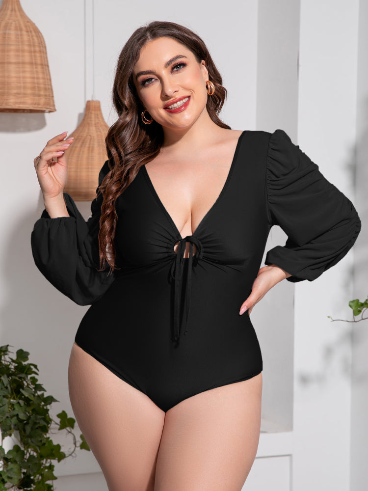 Plus Size Tied Deep V Balloon Sleeve One-Piece Swimsuit - Premium Lingerie & Underwear from 5th & Barnett Creative Fashions - Just $32.99! Shop now at 5th & Barnett Creative Fashions 