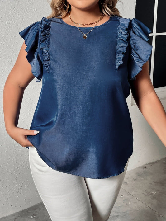 Plus Size Round Neck Flounce Sleeve Frill Trim Blouse - Premium Women's Clothing from 5th & Barnett Creative Fashions - Just $21.99! Shop now at 5th & Barnett Creative Fashions 