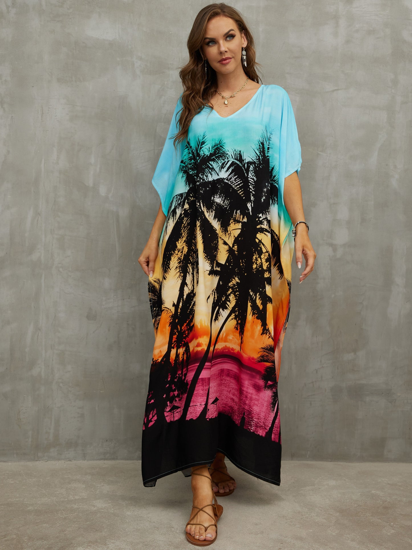 2023 V Neck Boho Print Loose Kaftan Batwing Sleeve Side Slit Summer Vacation Maxi Dress Women Beachwear Swimsuit Cover-ups Q1464 - Premium Women's Clothing from 5th & Barnett Creative Fashions  - Just $26.99! Shop now at 5th & Barnett Creative Fashions 