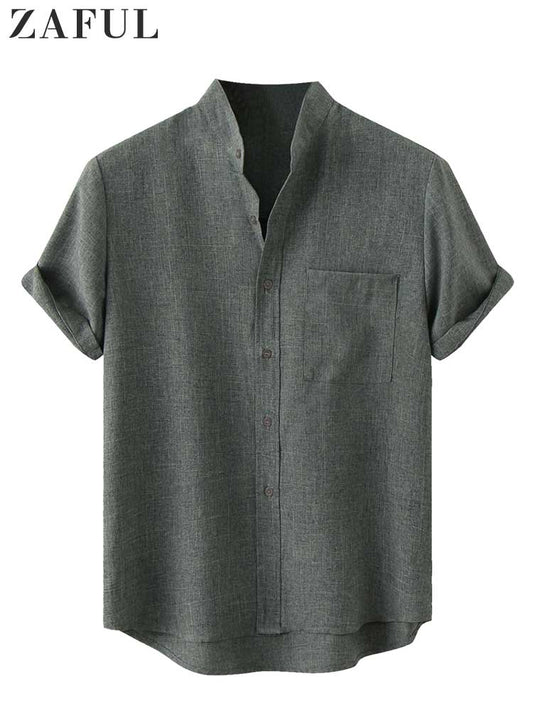 ZAFUL Cotton Shirts for Men Solid Linen Textured Streetwear Blouses Summer Short-sleeves Shirts Casual Tops with Front Pocket - Premium  from 500 products - Just $29.99! Shop now at 5th & Barnett Creative Fashions 