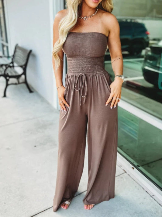 OFF SHOULDER SOLID COLOR SMOCKED JUMPSUIT - Premium  from 500 products - Just $44.99! Shop now at 5th & Barnett Creative Fashions 