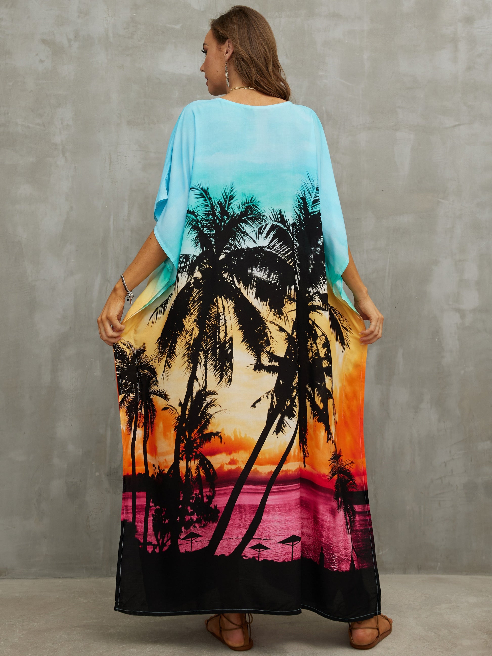 2023 V Neck Boho Print Loose Kaftan Batwing Sleeve Side Slit Summer Vacation Maxi Dress Women Beachwear Swimsuit Cover-ups Q1464 - Premium Women's Clothing from 5th & Barnett Creative Fashions  - Just $26.99! Shop now at 5th & Barnett Creative Fashions 