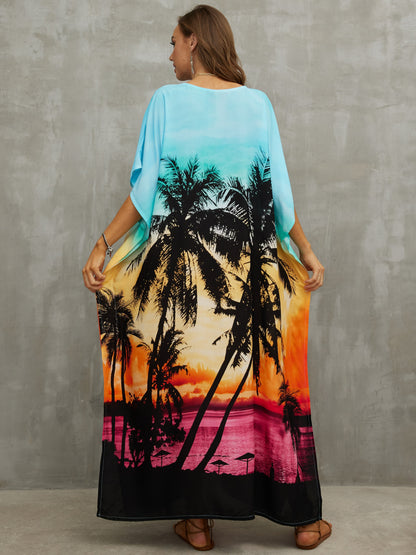 2023 V Neck Boho Print Loose Kaftan Batwing Sleeve Side Slit Summer Vacation Maxi Dress Women Beachwear Swimsuit Cover-ups Q1464 - Premium Women's Clothing from 5th & Barnett Creative Fashions  - Just $26.99! Shop now at 5th & Barnett Creative Fashions 