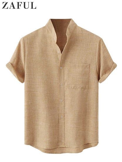 ZAFUL Cotton Shirts for Men Solid Linen Textured Streetwear Blouses Summer Short-sleeves Shirts Casual Tops with Front Pocket - Premium  from 500 products - Just $29.99! Shop now at 5th & Barnett Creative Fashions 