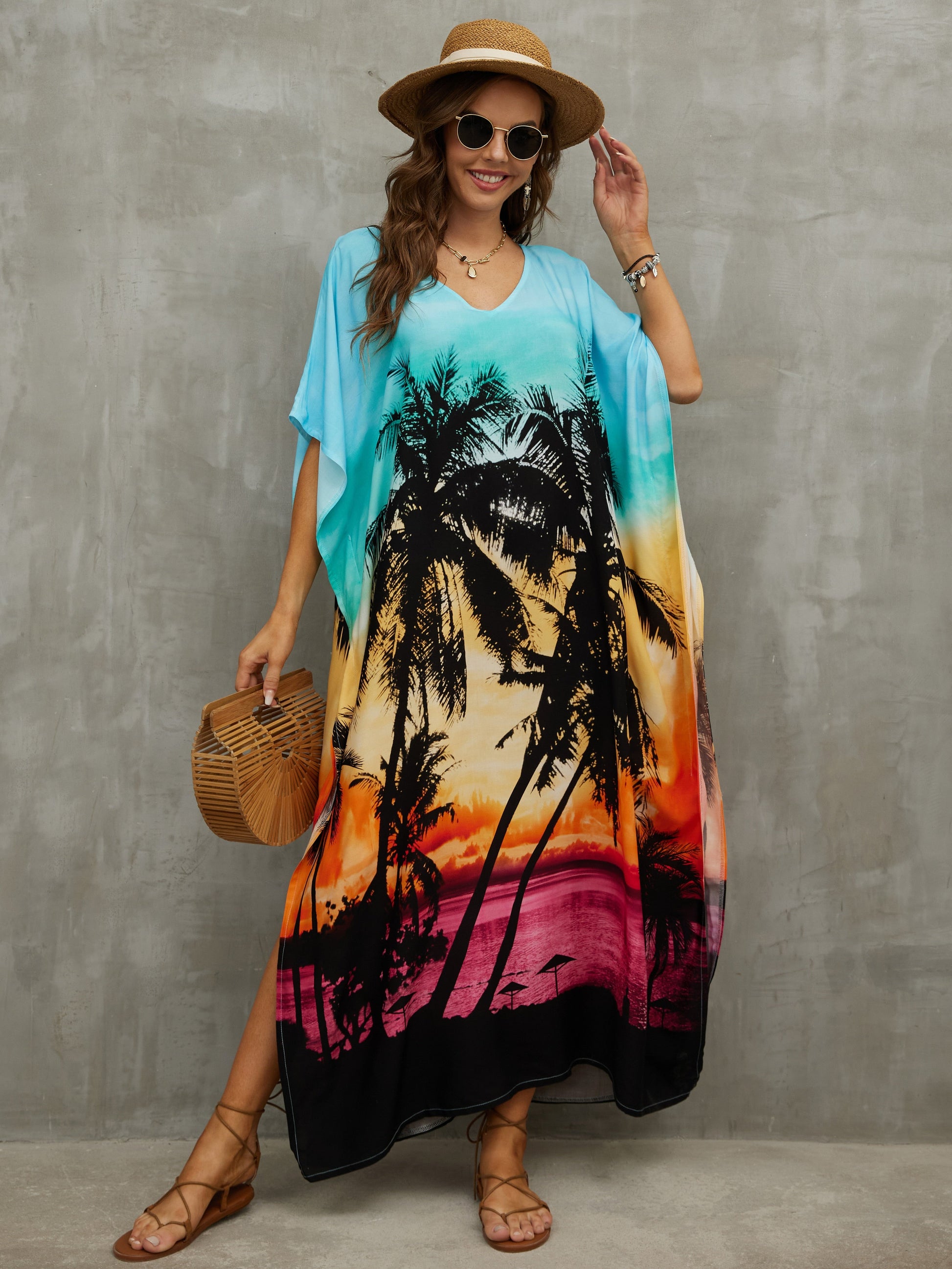 2023 V Neck Boho Print Loose Kaftan Batwing Sleeve Side Slit Summer Vacation Maxi Dress Women Beachwear Swimsuit Cover-ups Q1464 - Premium Women's Clothing from 5th & Barnett Creative Fashions  - Just $26.99! Shop now at 5th & Barnett Creative Fashions 