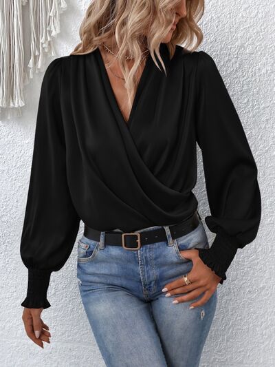 Surplice Smocked Lantern Sleeve Blouse - Premium  from 5th & Barnett Creative Fashions - Just $22.99! Shop now at 