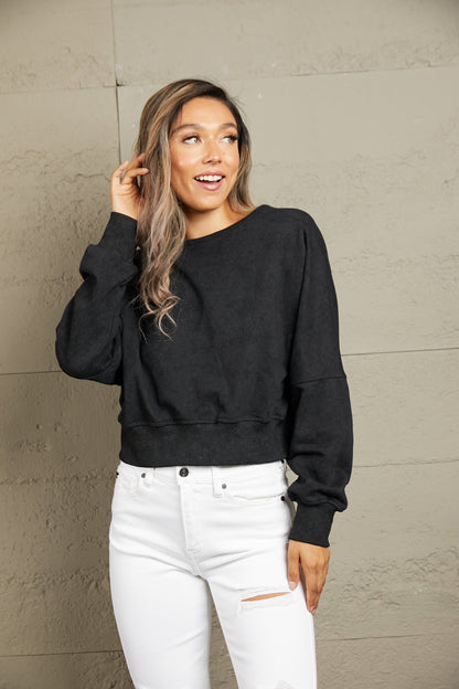 Double Take Round Neck Open Back Sweatshirt - Premium  from 5th & Barnett Creative Fashions - Just $26.99! Shop now at 5th & Barnett Creative Fashions 