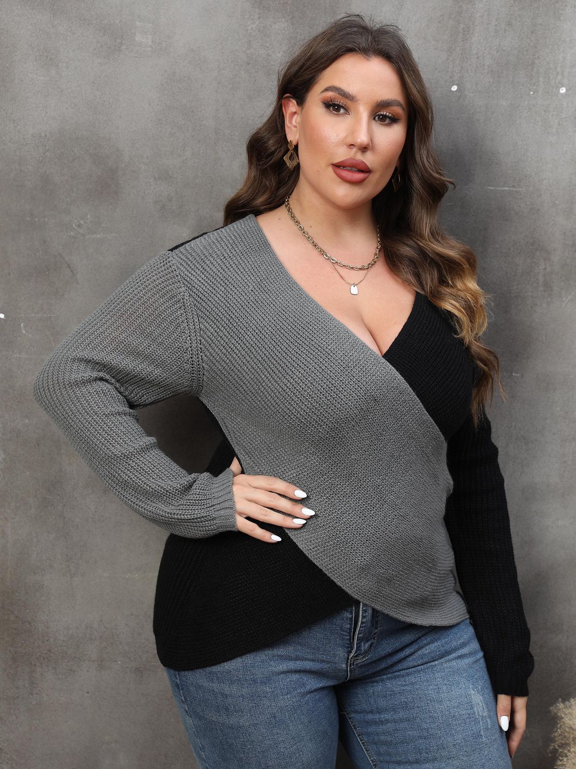 Plus Size Two-Tone Surplice Neck Sweater - Premium Tops & Blouses from 5th & Barnett Creative Fashions - Just $32.99! Shop now at 5th & Barnett Creative Fashions 