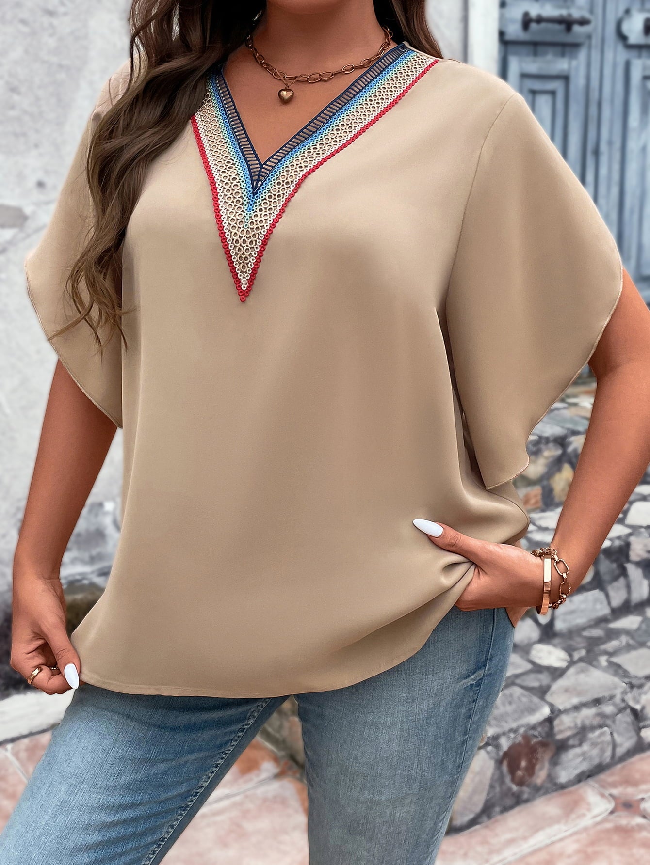 Plus Size V-Neck Flutter Sleeve Blouse - Premium Tops & Blouses from 5th & Barnett Creative Fashions - Just $24.99! Shop now at 5th & Barnett Creative Fashions 