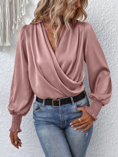 Surplice Smocked Lantern Sleeve Blouse - Premium  from 5th & Barnett Creative Fashions - Just $22.99! Shop now at 