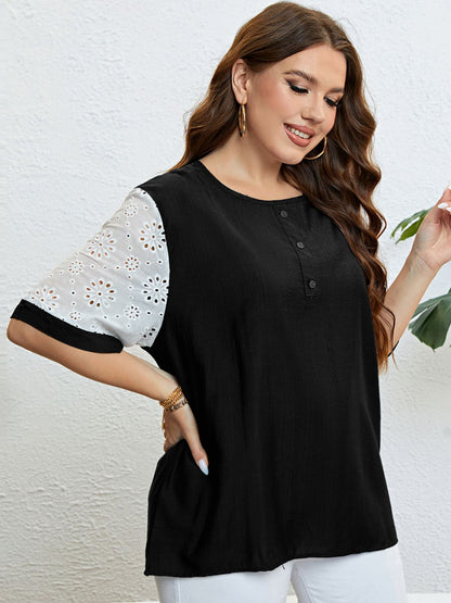 Plus Size Contrast Decorative Button Half Sleeve Top - Premium Tops & Blouses from 5th & Barnett Creative Fashions - Just $14.99! Shop now at 5th & Barnett Creative Fashions 