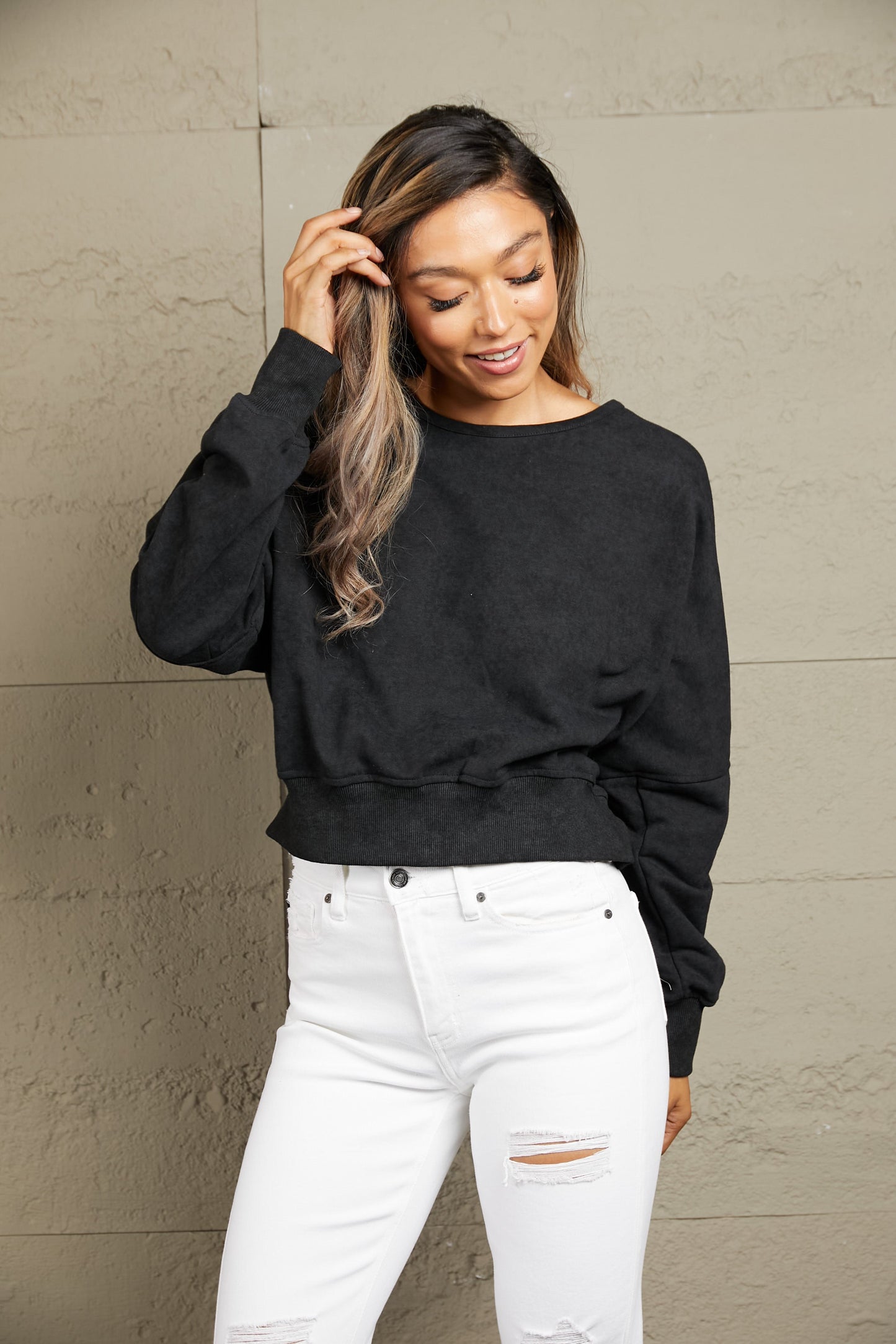 Double Take Round Neck Open Back Sweatshirt - Premium  from 5th & Barnett Creative Fashions - Just $26.99! Shop now at 5th & Barnett Creative Fashions 