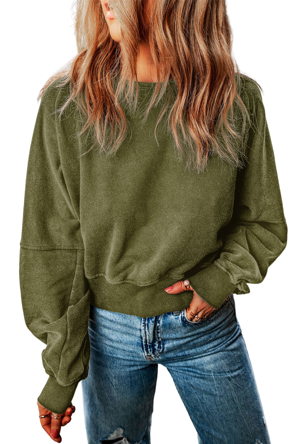 Double Take Round Neck Open Back Sweatshirt - Premium  from 5th & Barnett Creative Fashions - Just $26.99! Shop now at 5th & Barnett Creative Fashions 