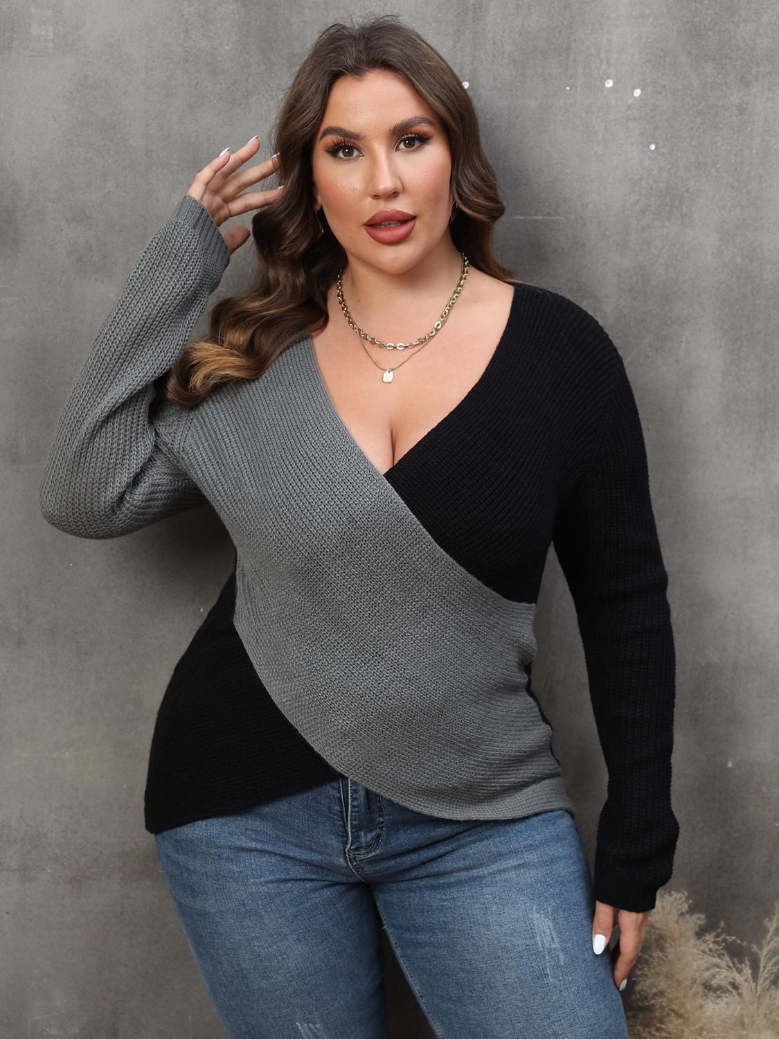 Plus Size Two-Tone Surplice Neck Sweater - Premium Tops & Blouses from 5th & Barnett Creative Fashions - Just $32.99! Shop now at 5th & Barnett Creative Fashions 